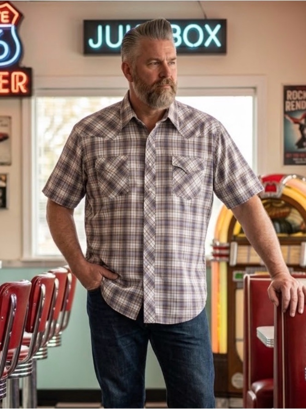Vintage Karman Western Rockabilly Men's Short-Sleeve Plaid Button-Down Shirt -
